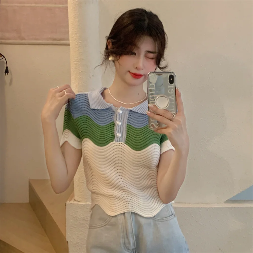 

Summer New Hollow Color Striped Knitted Top Women's Loose Fit Cropped Bat Short Seeve Top Thin Cover Ups Polo Neck Pullover D587