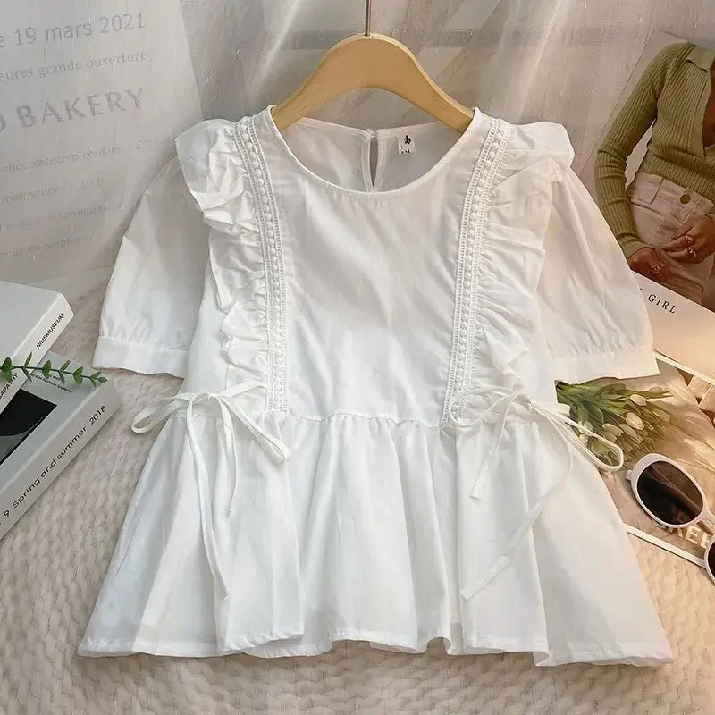 Ruffles Shirts and Blouses Korea Lace Fashion Woman Blouse 2024 O-neck Short Sleeve Top Female Bow Japan Style Sweet Clothes