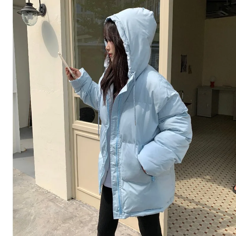 แฟชั่นผู้หญิงเสื้อฝ้ายฤดูหนาว Thicken และอุ่นหญิงเกาหลีสบายๆสีทึบ Hooded Parka Coat