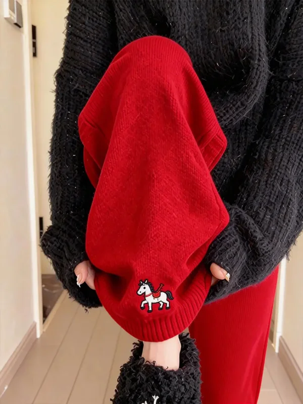 

Loose Knitted Red Casual Pants Women's Autumn Winter Year of Birth Wide Leg Long Pants High Waist Straight Tube Pants