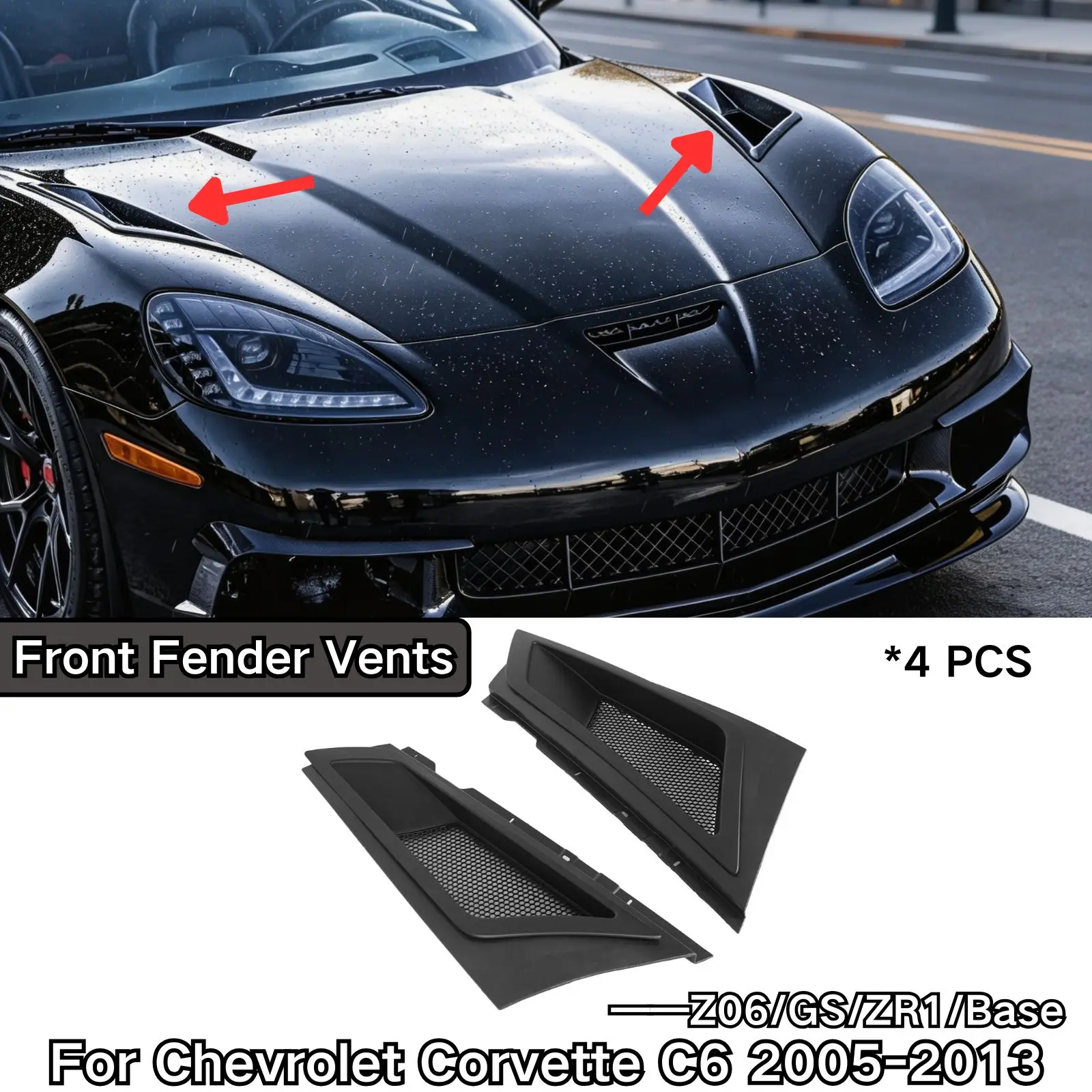 Front Fender Vents For Chevrolet Corvette C6 Z06/GS/ZR1/Base 2005-2013 Glossy Black Scoop Carbon Fiber Painted Car Accessories