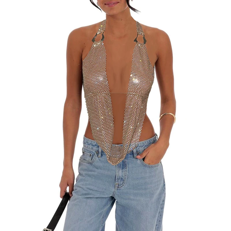 

AKYZO Women Shiny Rhinestone Camisole Sexy See Through Hollow Out Mesh Fishnet Backless Halter Neck Tank Top Rave Party Crop Top