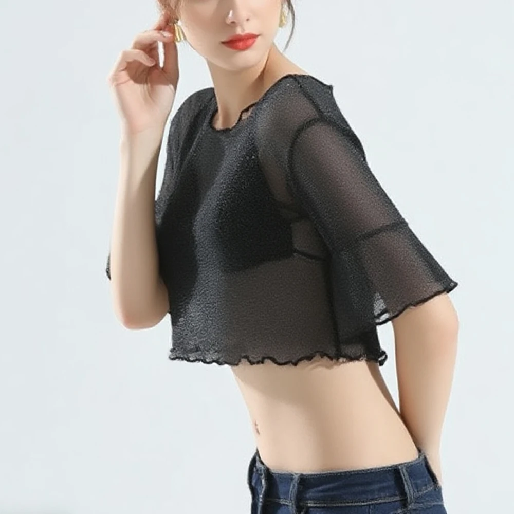 

Y2K Elastic Mesh T Shirts For Women Clothing Transparent Flare Sleeve Crops Mini Shirt Shiny Bling Bling Top Female Blouses
