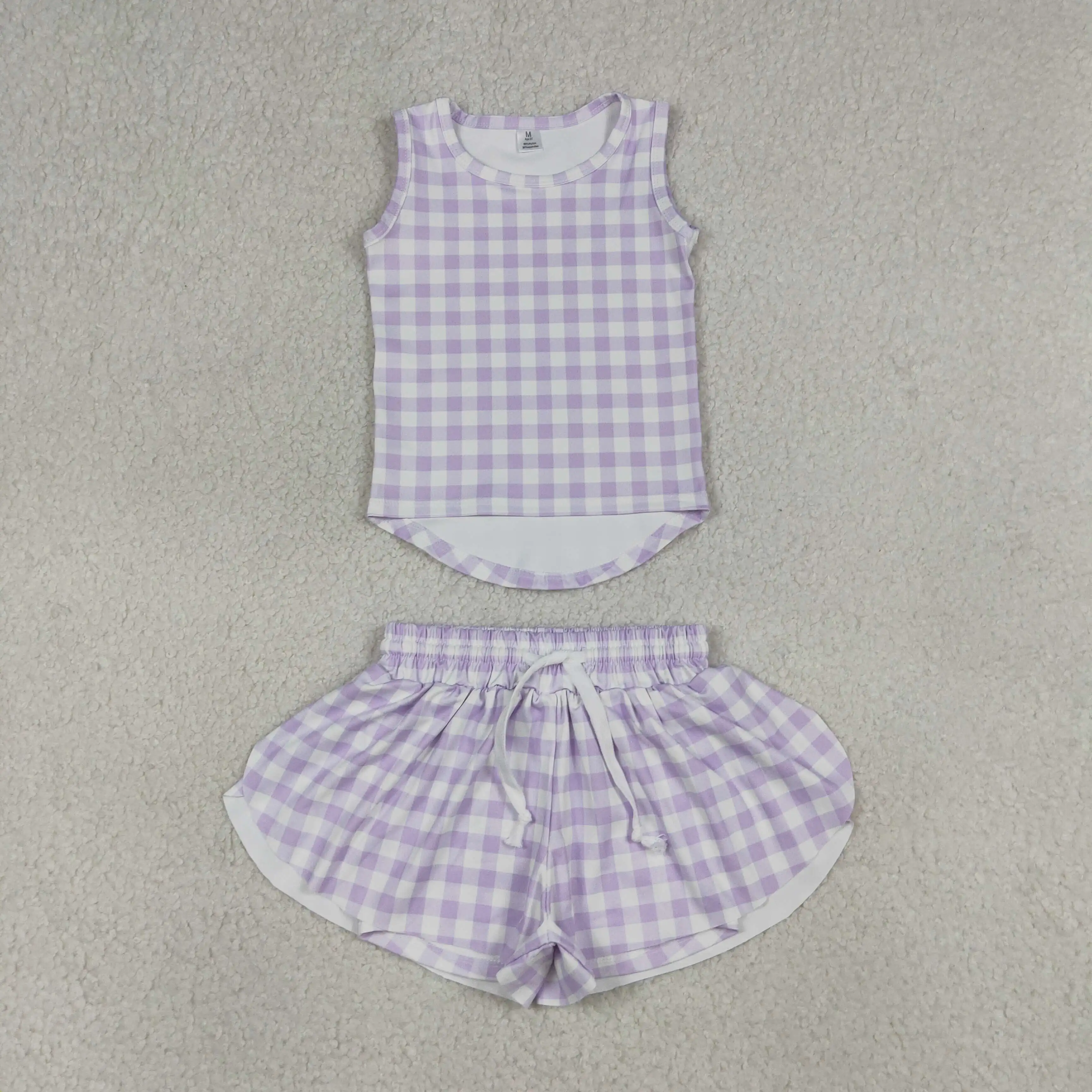 Baby Yoga Clothing - 卸売ベビーガールサマーヨガアクティブウェア幼児用ノースリーブパープルチェック柄シャツフリルショーツキッズスコートセットチェック柄服