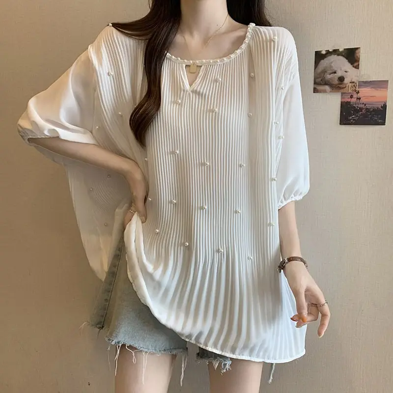 Summer New Loose Fashion Korean Simple Versatile Gentle Chiffon Short Sleeve T-shirt Women\'s Solid Round Neck Patchwork Thin Top