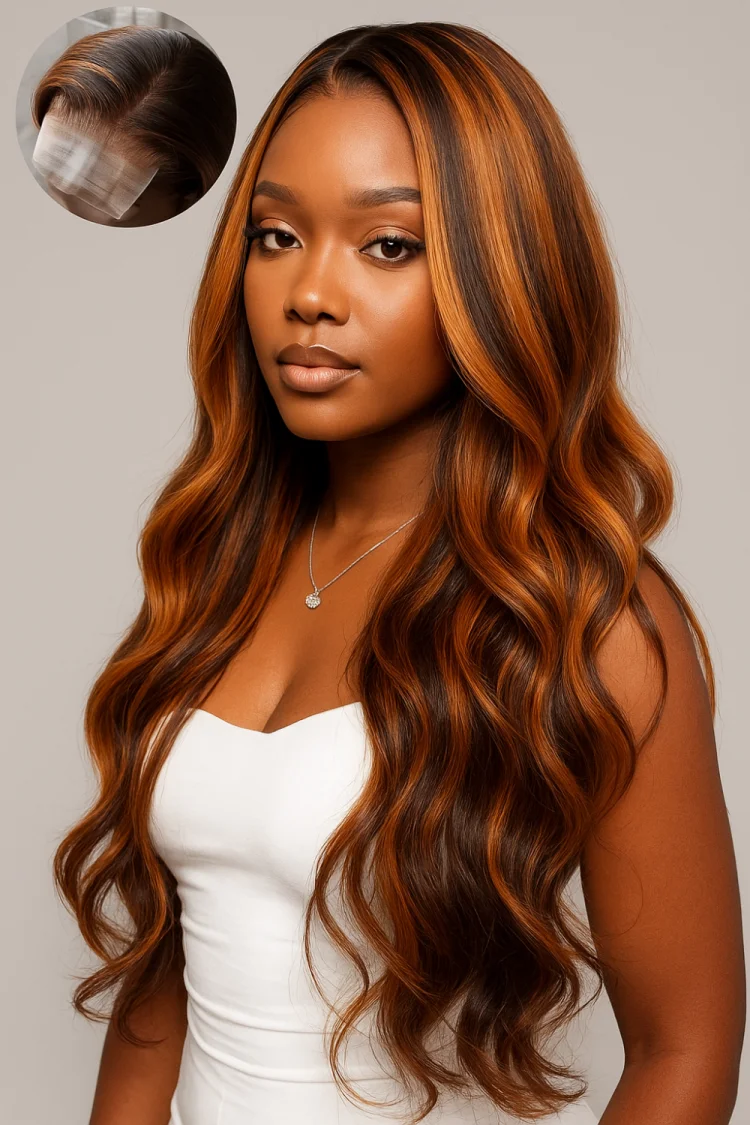 # 4/350 destaque 5x5 perucas frontais do laço perucas sem cola destaque gengibre marrom onda do corpo perucas de cabelo humano com cabelo do bebê para mulher