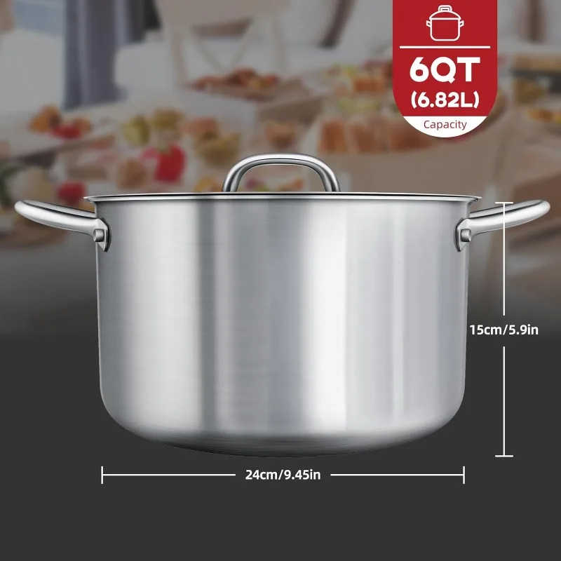 Tri-Ply Stainless Steel Stockpot com tampa de aço, 6 Quart, excelente distribuição de calor para deliciosas sopas, fogões e mais