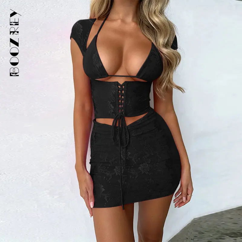 BoozRey 2023 Summer Sexy 3 Pieces Dress Set Fashion Women\'s Hollow  Halter Short Sleeve Bandage Slim Lace Corset Mini Dresses