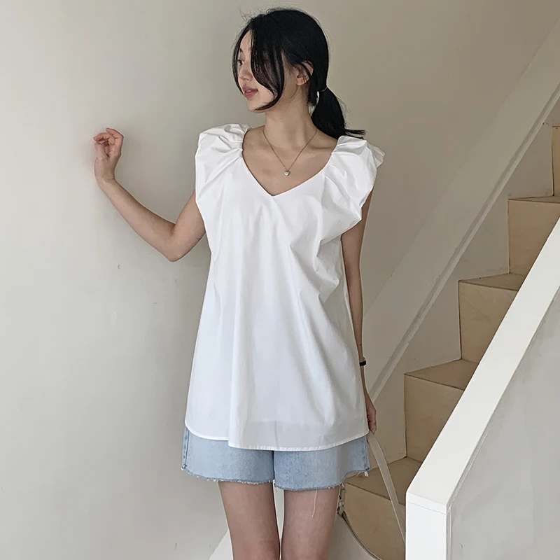 Korean Summer New Fresh Sweet Pullover Blouse V-neck Pleated Flying Sleeve Shirts Lady Top 2024 New Chic Elegant Blusas Mujer