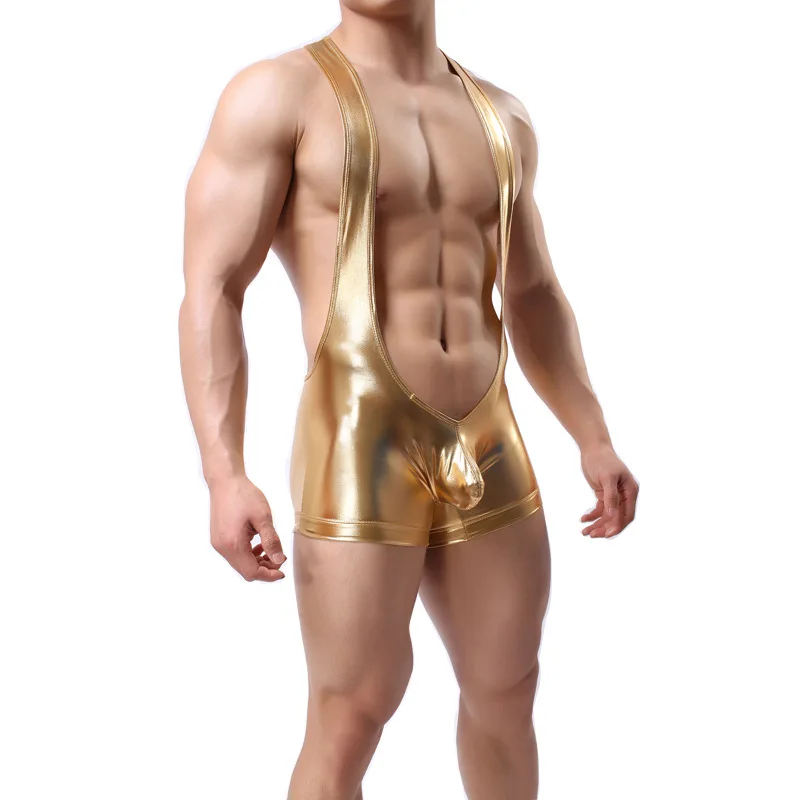 Fashion Faux Leather Sexy Men underwear jumpsuit bodysuit men's undershirt style V vest wrestling Singlet Jockstrap S-XL