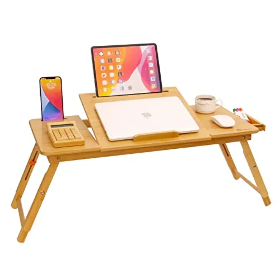 

Lap Desk for Bed, Sofa, Floor Bamboo, Black Adjustable Height Angle, Foldable, with Tablet Slot and Storage Drawer