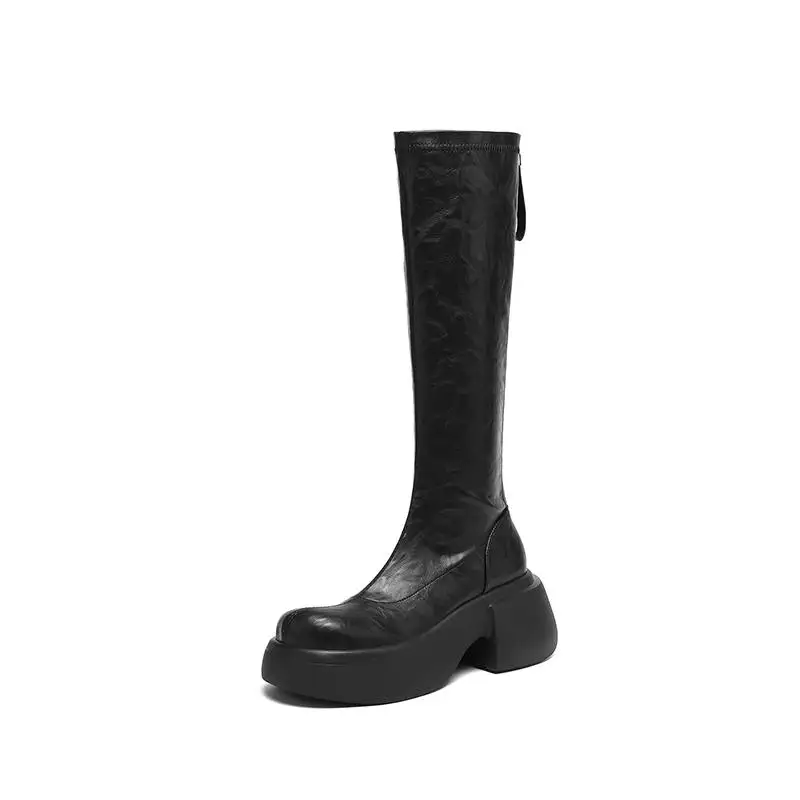 Krazing Pot Cow Split Skin Round Toe Thick Bottom Equestrian Boots Keep Warm Winter Shoes Pleated Style Women Thigh High Boots