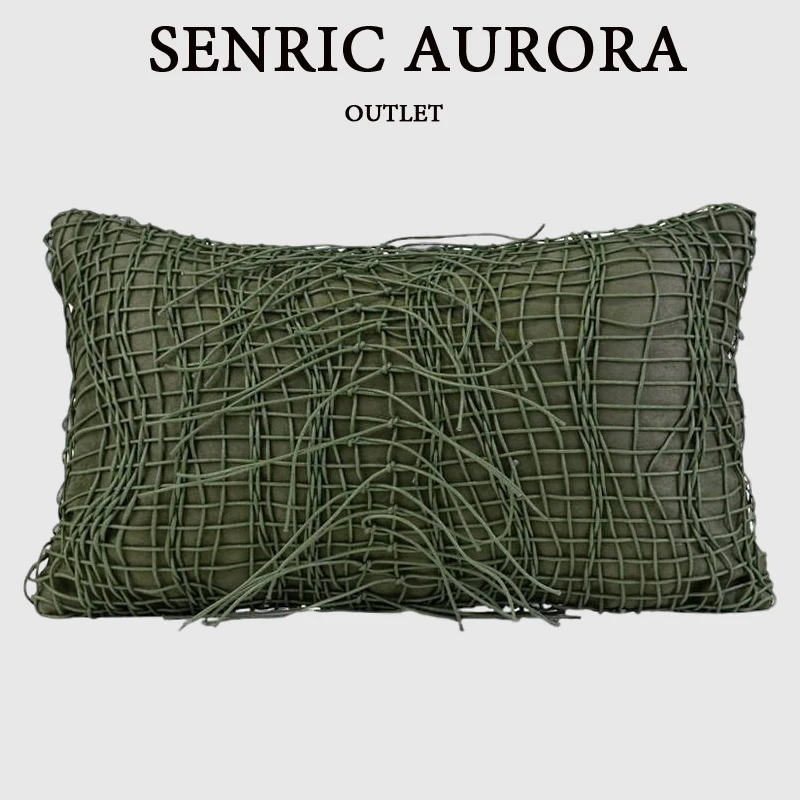 Green Cushion Cover Rope Woven Tassel Style Rectangle 30x50cm Pillow Case Modern Light Luxury Model Room Sofa Pillow Cover