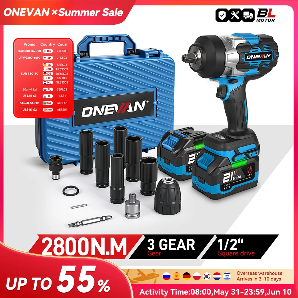 ONEVAN 2800N.M clé à chocs électrique sans brosse 1/2 pouces tournevis sans fil clé outils électriques pour Makita 18V batterie broche