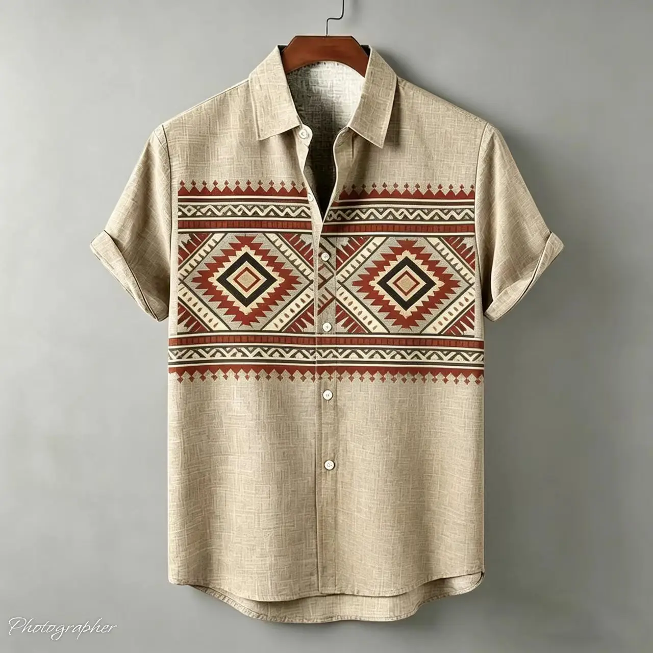 

Men's new ethnic geometric 3D printed linen short sleeved shirt, casual color block design button up shirt, multiple colors