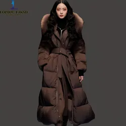 Women's Feathered Cotton Jacket, Hooded Coat, Korean Parkas,Female Clothing,Fur Collar,Adjustable Waist, Winter,New