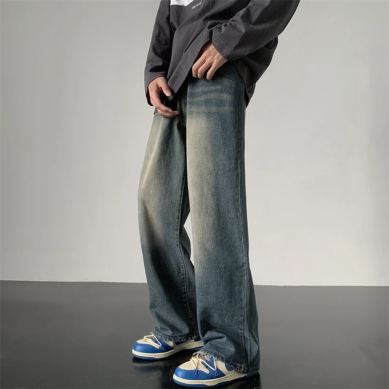 

Retro American Hong Kong Sle Men's Jeans High Street Loose Straight Leg Long Trousers Spring Autumn New Faion Wide Leg