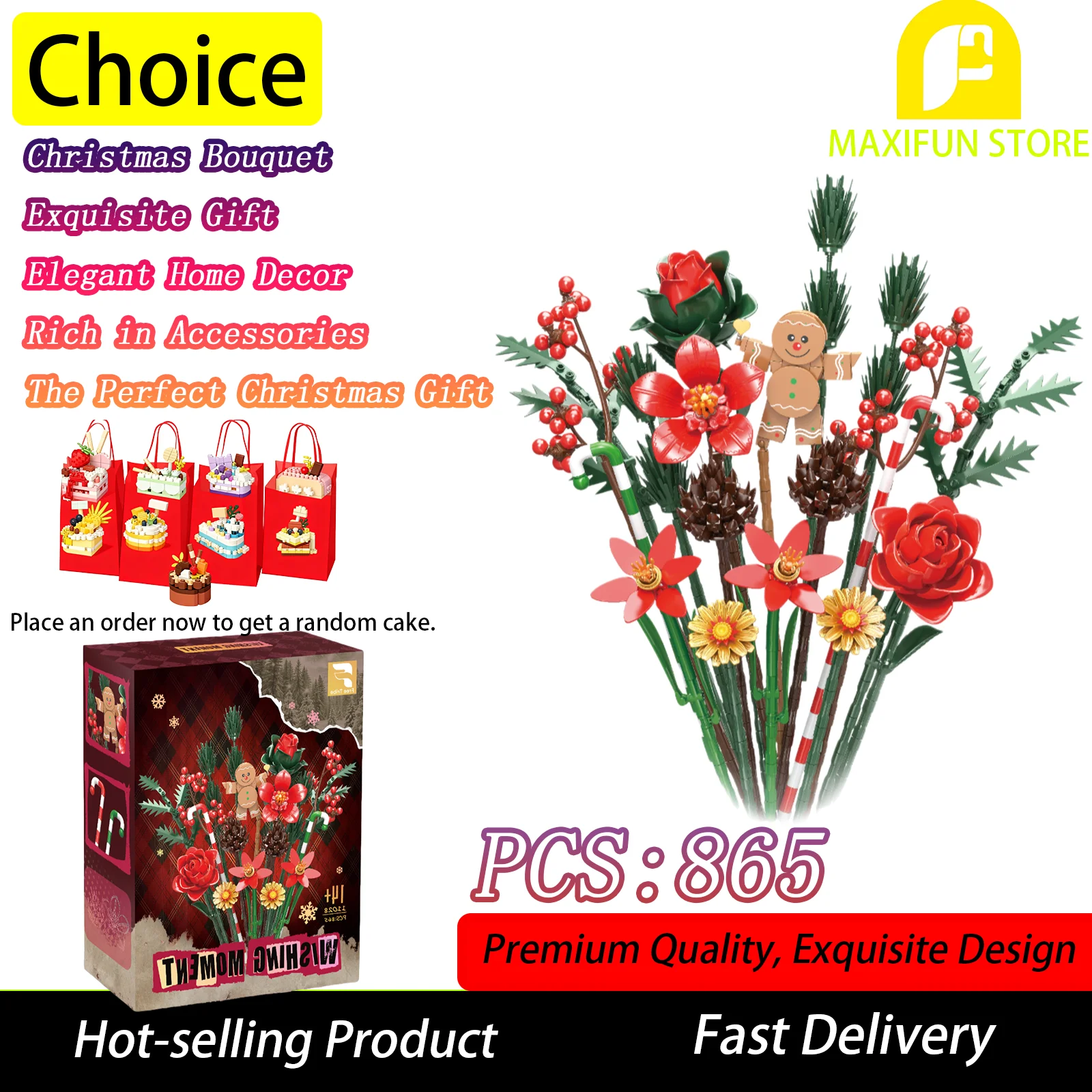 

MOC 865 шт. Рождественский букет, набор строительных блоков, рождественский подарок, домашний декор, кирпичи для подростков и взрослых, совместимые с крупным брендом