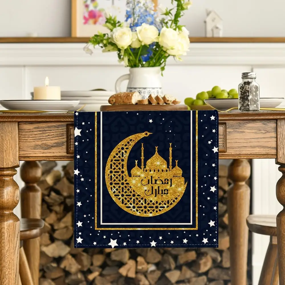 Black Moon Star Gloden Ramadan Linen Table Runner Holiday Party Decor Seasonal Summer Kitchen Dining Table Runners Table Decor