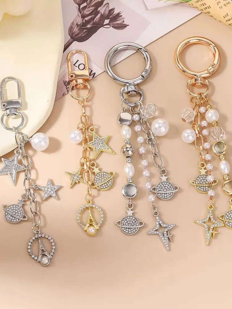 Aihua Niedlicher Kristall-Stern Schlüsselanhänger Perlen-Eiffelturm Schlüsselring Anhänger für Frauen Mädchen Handtaschen-Deko Charms DIY Schmuck – Detail 1