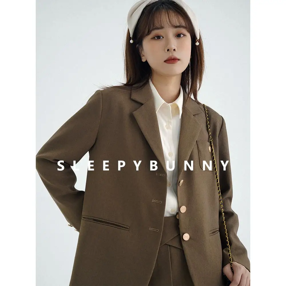 

Elegant Brown Blazer Women Korean Style Preppy Suit Jacket Casual Slim Fit Office Coat Pocket Detail for Autumn or Daily Wear