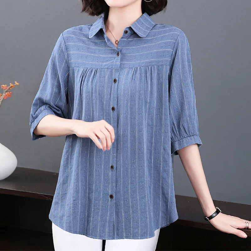 Casual Fashion Elegant Solid Color Striped Printed Button Shirt Summer 2023 New Polo-Neck Half Sleeve Loose Tops Ladies Clothing