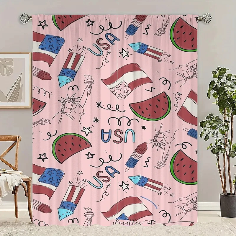 2PCS- Cartoon watermelon - Printed curtain -100% polyester material, suitable for bedroom curtains and living room decoration