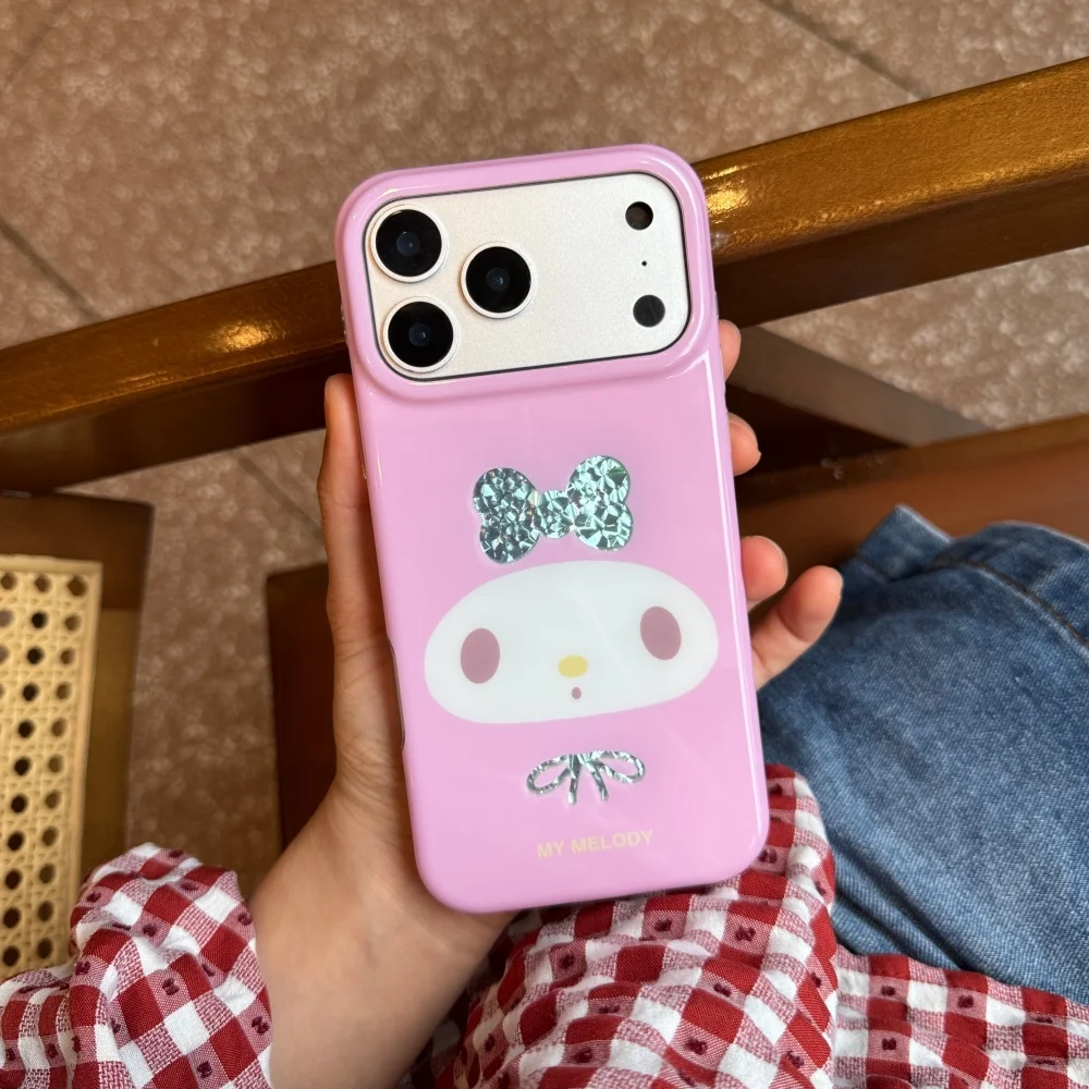 Cute My Melody IMD Glossy Phone Case Glitter Bow Soft Shockproof Cover For iPhone 16 Pro 15 17 Pro Max Girly Sweet Pastel Pink