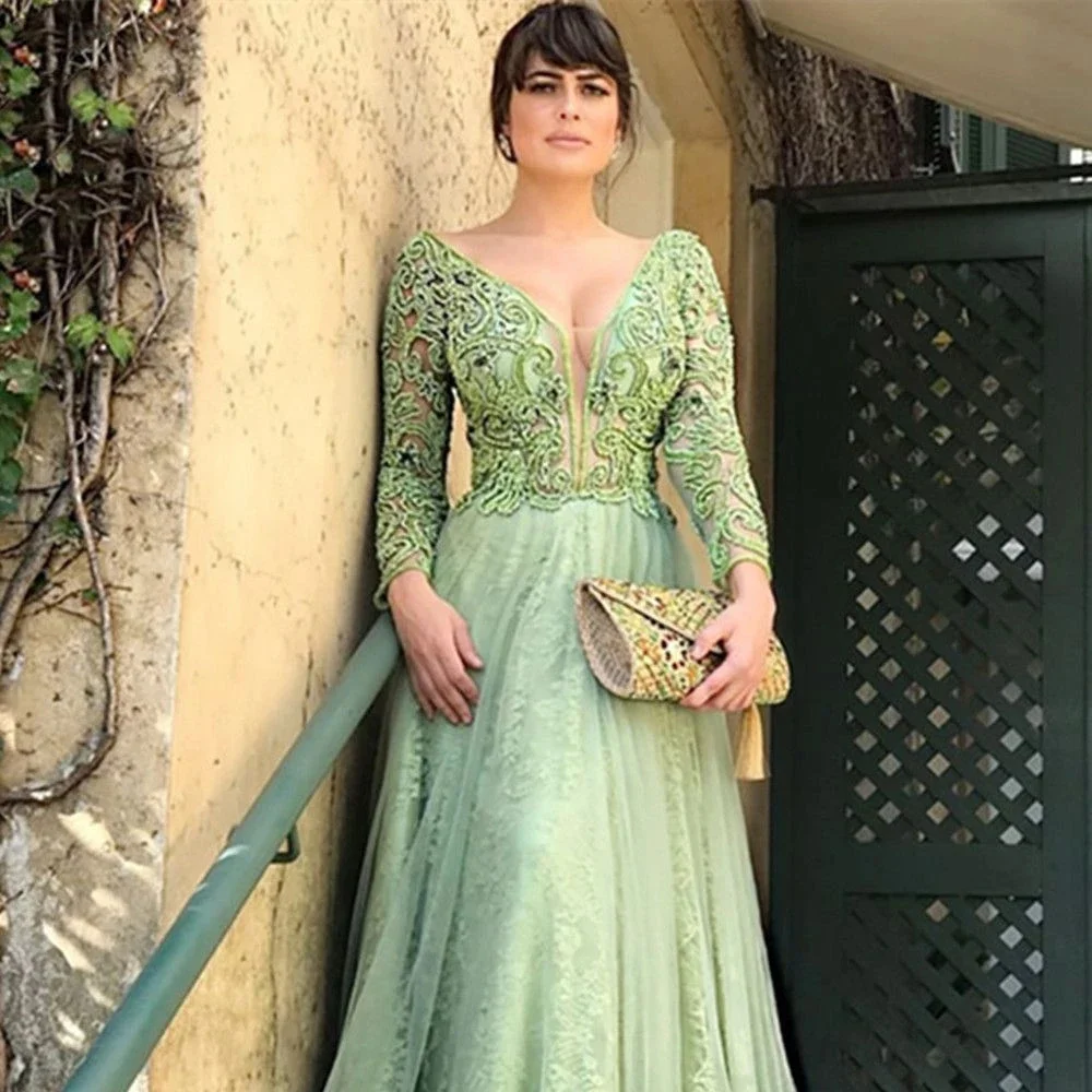Elegant V-Neck Long Sleeve Beading Mother of the Bride Dresses For Weddings فساتين السهرة Tulle Appliques 2023