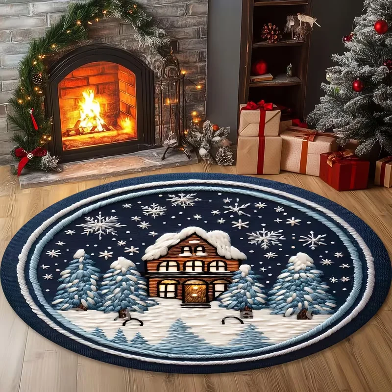 Vintage Snowman Christmas Round Rug Wreath Pine Berry Print Soft Circular Carpet for Living Room Bedroom Holiday Party Decor