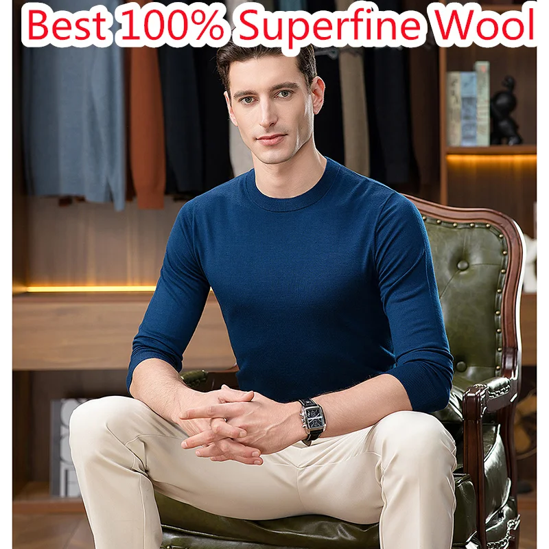 

100% лучшая одежда из сверхтонкой шерсти, 2025 год, мужской осенне-зимний свитер с низким круглым вырезом из камвольной шерсти, трикотаж с длинными рукавами, пуловеры, топы