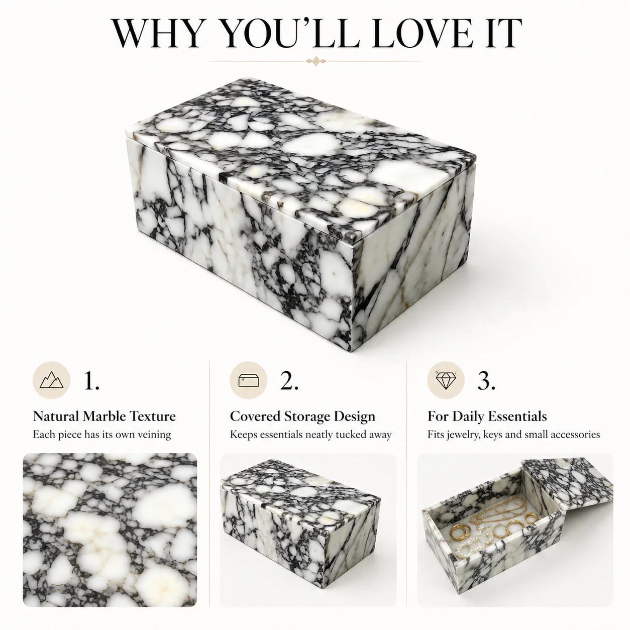 Natural Calacatta Viola Marble Storage Box with Lid, Stone Bathroom Vanity Organizer for Cotton Pads Swabs Hair Clips Decor