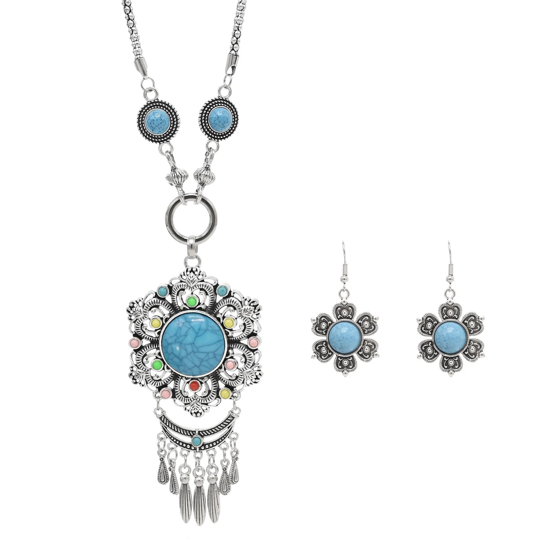 Gypsy Tibetan Silver Metal Hollow Flower Necklaces Earrings Sets for Women Bohemian Turkish Tribal Afghan Stone Jewelry Sets