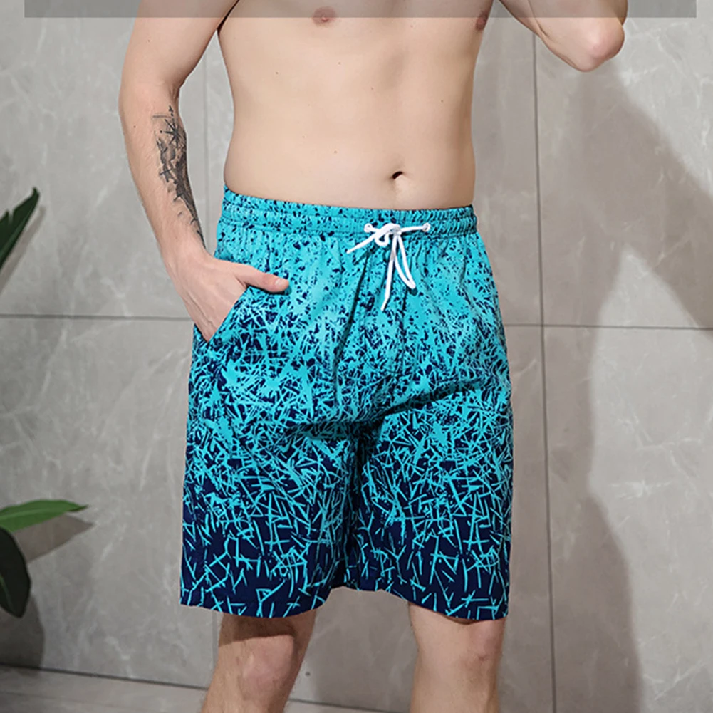 Shorts de renda estampados de cor contrastante masculino, faixa elástica, calça curta de praia com bolsos, moda, venda por atacado