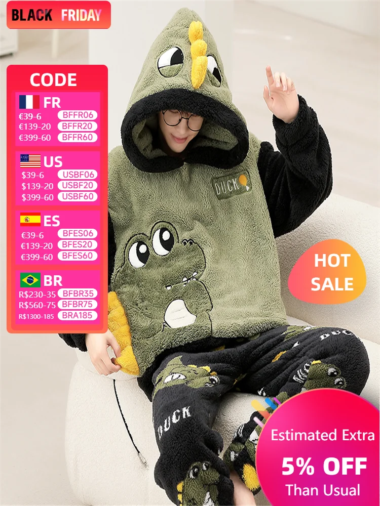 2024 New Men Pijama Sets Winter Thicken Soft Sleepwear Hooded Pyjama Male Pajama Sets Coral velvet Student Pajamas Warm Homewear