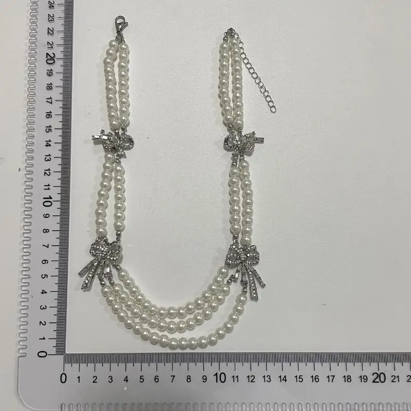 مجموعة قلادة وأقراط من اللؤلؤ الأنيق مع عقدة فراشة على الطراز الفرنسي القديم متعدد الطبقات على شكل سلسلة الترقوة #6