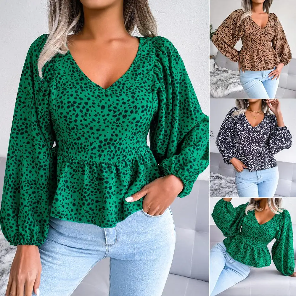

Spring Summer Long Sve Casual Leopard Print Chiffon Top Lantern Sle Women's Cross-Border Faion Autumn Season Long Sve