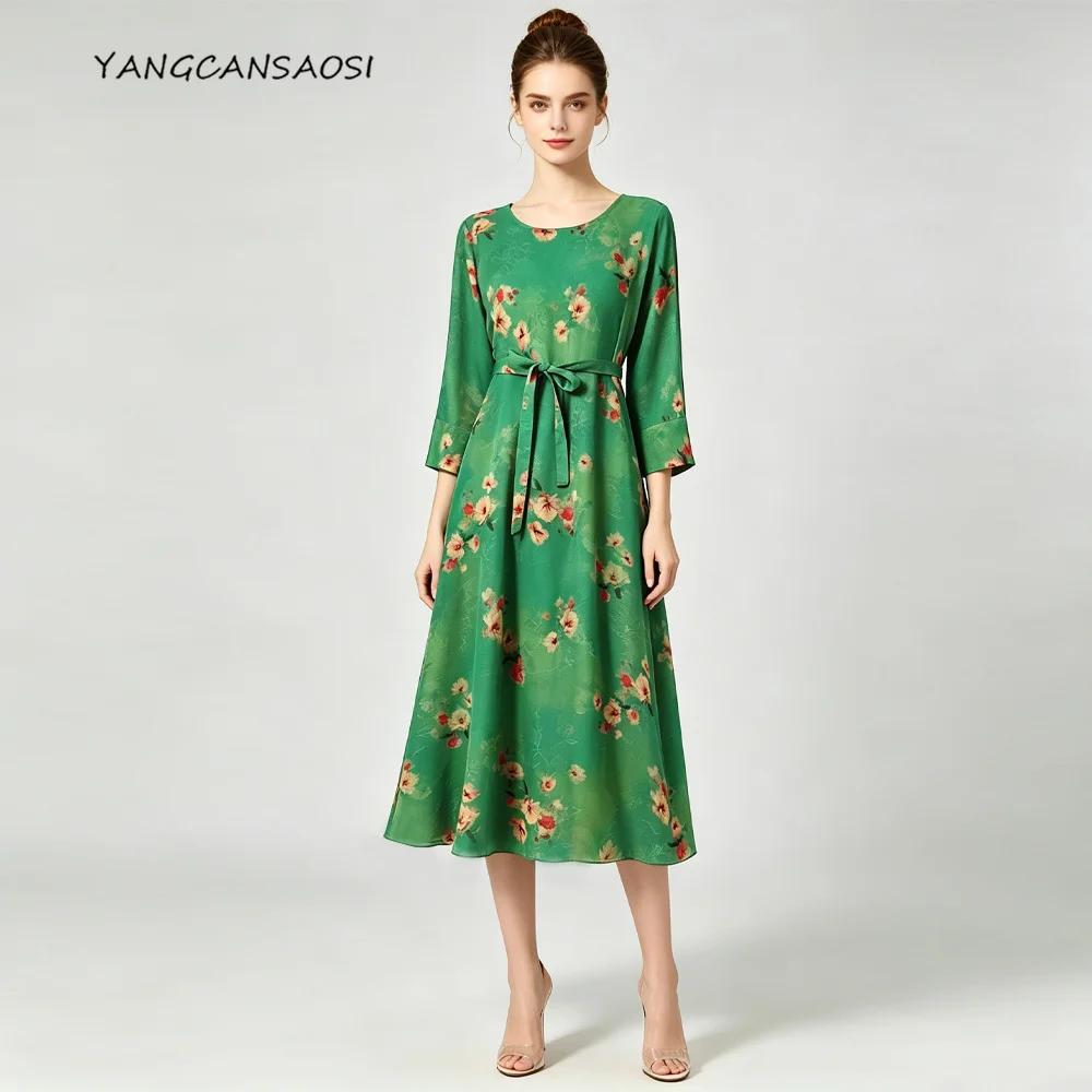 2026 Women's Fashion Autumn New High End Breathable 100% Natural Mulberry Silk Fragrant Cloud Yarn Round Neck Long Sleeve Dress