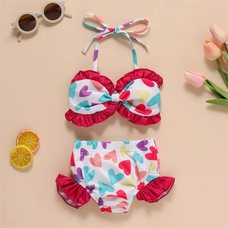 

Sister Matching Swimwear Heart Print Bowknot Bikini Halter Crop Tops and Ruffles Shorts Swimsuit Set