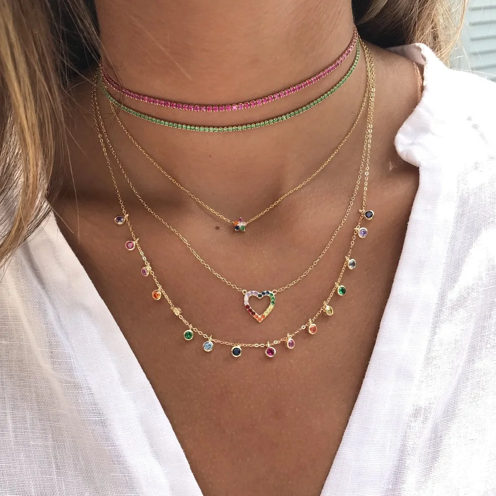 3 Colors 2mm Rainbuw Cz Necklace Red Shiny Cz Tennis Chain Choker Jewelry Micro Pave Gold Silver Color Fancy Women Jewelry