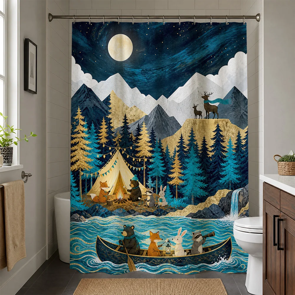 Rustic Watercolor Woodland Forest Shower Curtain Waterproof Bathroom Decor Camping Night Scene Animal Bear Mountain Cabin Theme