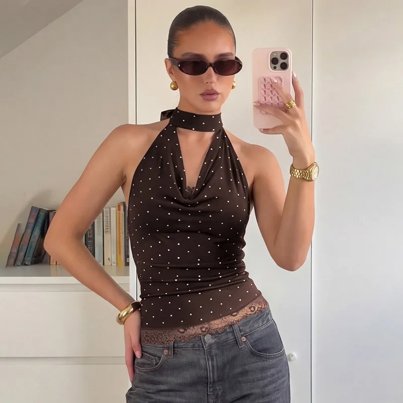 

Tuularose Fashion Printed Tank Tops Women's Sexy Backless Lace Up Camisole Vintage Summer High Street Party Casual Women's Tops