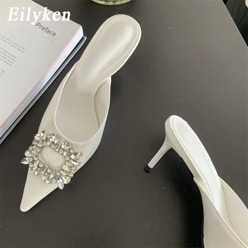 Eilyken 2024 Spring Gold Silver Fashion Women Slipper Crystal Buckle Pointed Toe Slip On Ladies Mules Thin High Heel Pumps