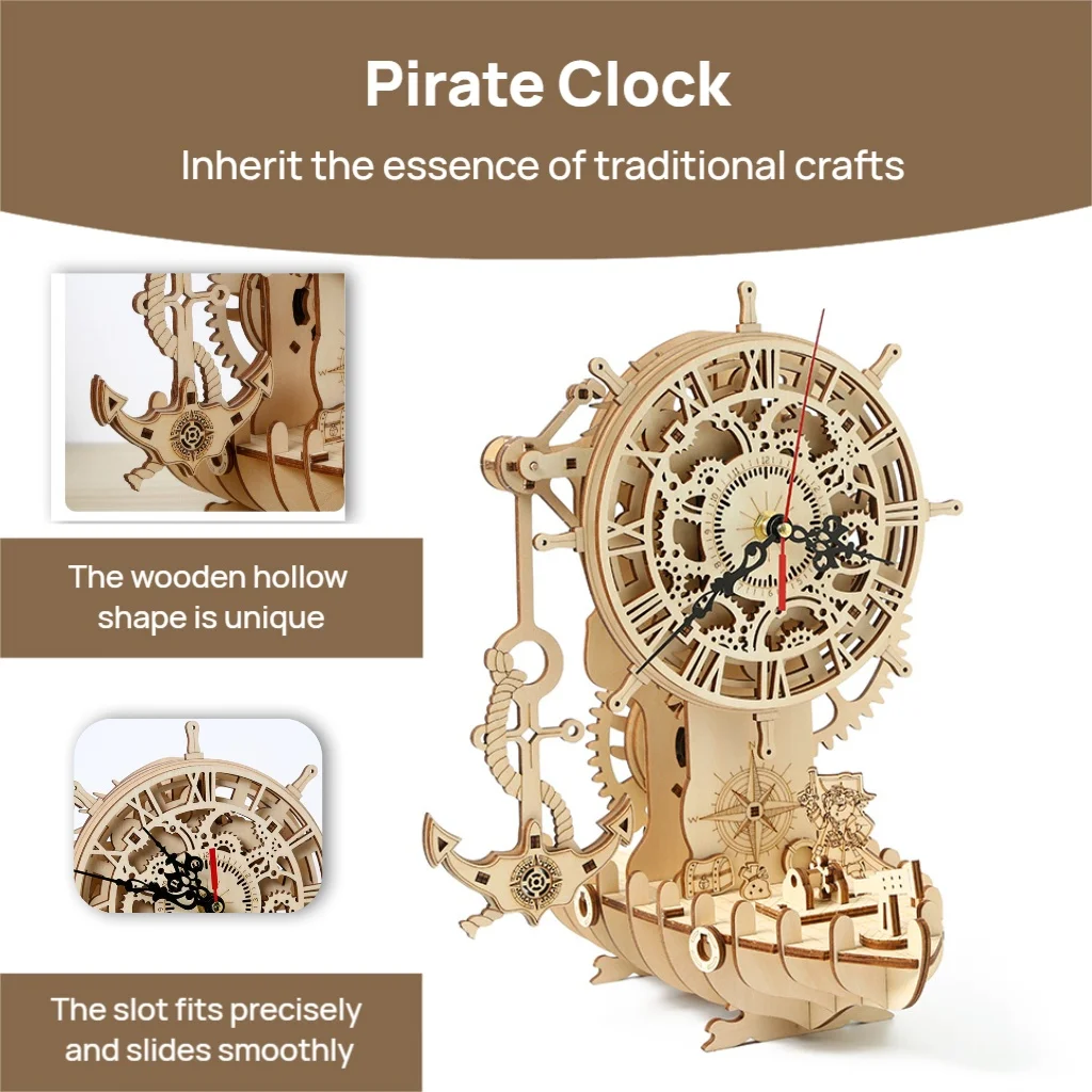 

OUZEY 3D Wooden Pirate Ship Clock - DIY Mechanical Model Building Kit, Educational Assembly Project for Adults & Teens Age 14+