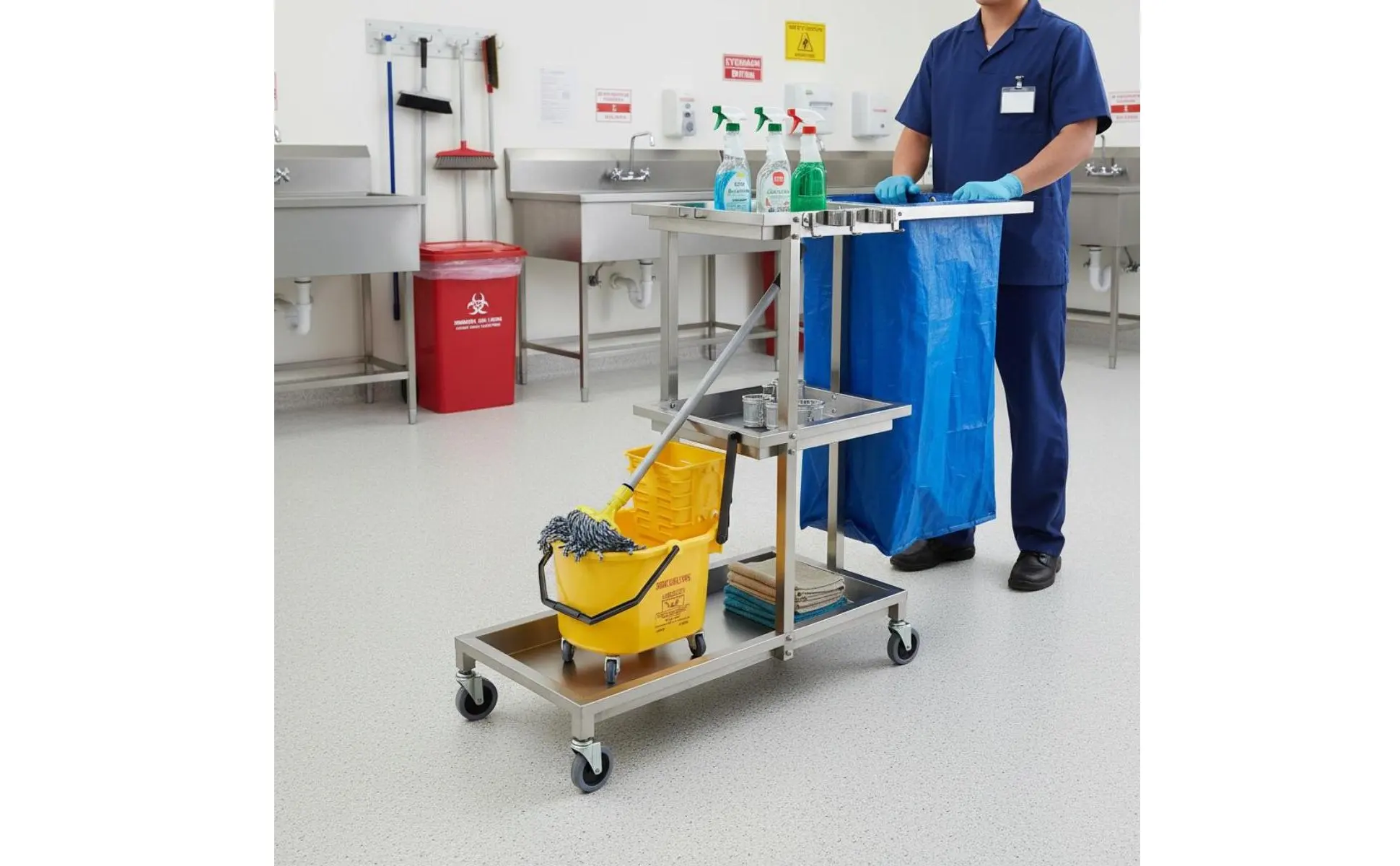 Hotel Linen Cart Braking Casters Stainless Steel Janitor Cart Business Cleaning Trolley with Bag Large Capacity for Hospital