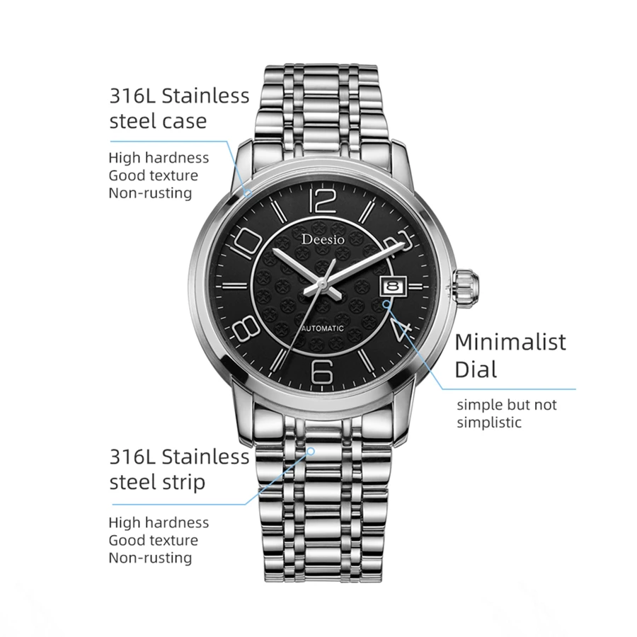 ساعات يد ميكانيكية أوتوماتيكية مقاومة للماء من Deesio ، ساعة زوجية فاخرة ، حركة يابانية ، أفضل علامة تجارية ، 50 مترًا