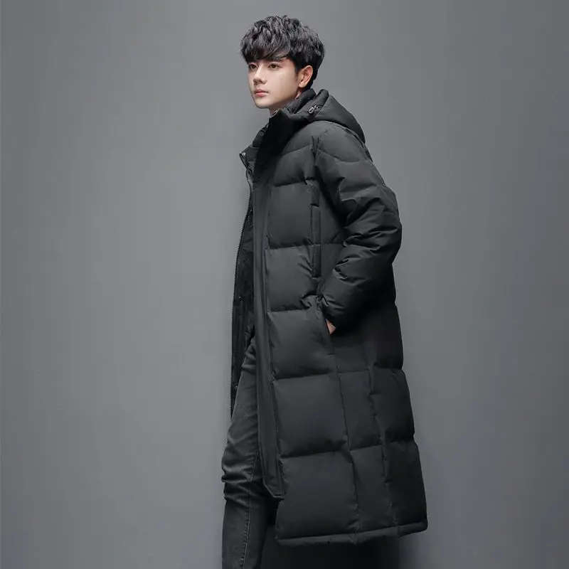 Winter Korean Men Long Down Coats 2023 New Fashion White Duck Plush Thicken Warm Overcoat Hooded Hat Detachable Male Jacket