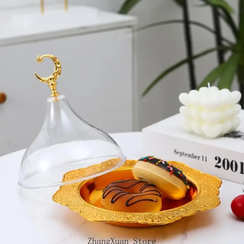 Eleganter Moon Star Gold Metall-Snackteller mit transparenter Acryl-Kuppelabdeckung für Party 3XUF – Detail 2