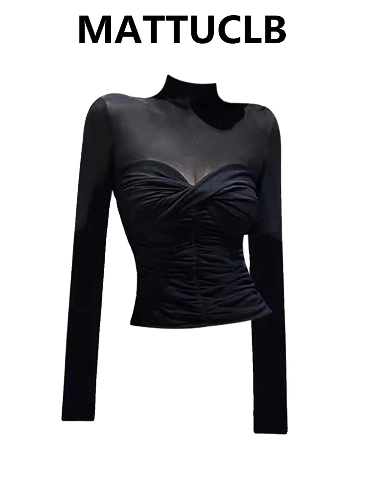 

Spring Women's Tide Punk Y2k Harajuku Mesh Top Long Sleeve Patchwork T-Shirts Coquette Gyaru Dark Academia Tees High Street