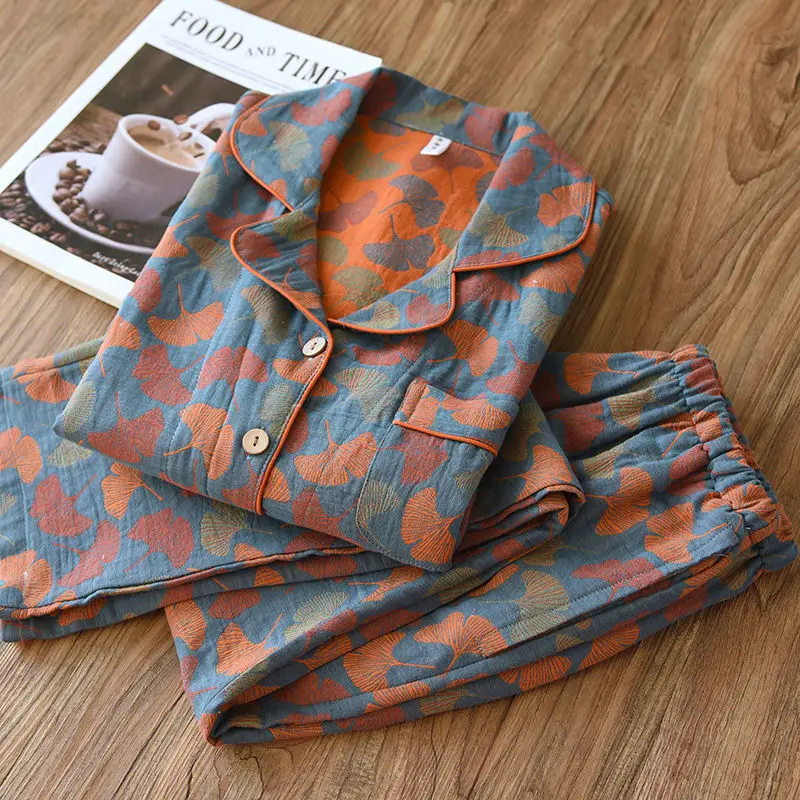 Vintage Print Sleepwear Women Cotton Pajamas Sets Spring and Autumn Woven Gauze Long-sleeved High-end Loose Loungewear New